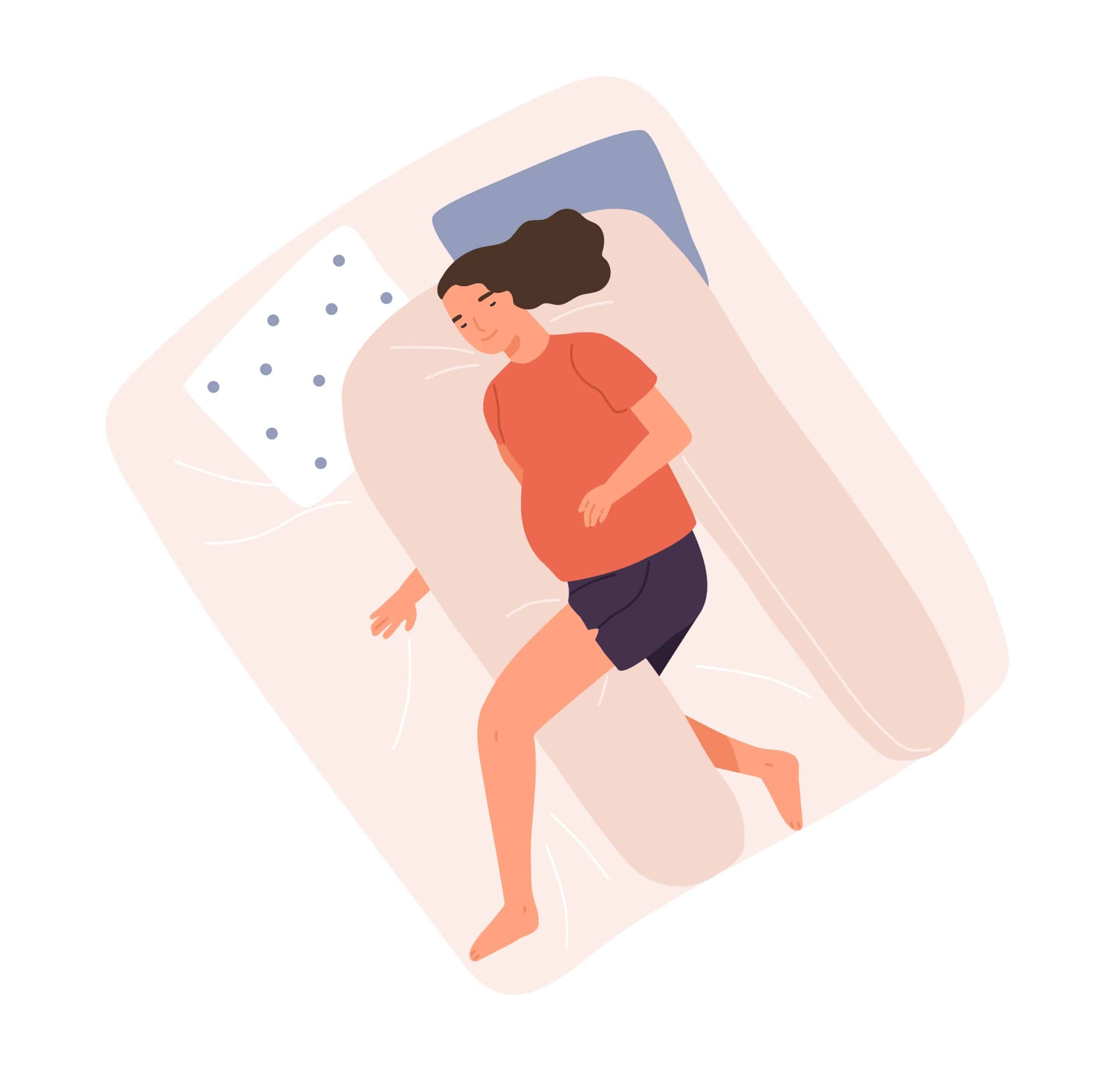 Happy woman with big tummy sleeping on pillow for pregnant vector flat illustration. Female relaxing on bed with comfortable orthopedic accessory top view isolated. Future mother enjoying pregnancy
