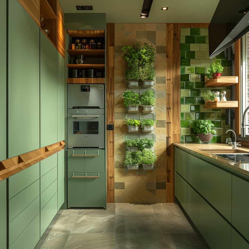green and wood kitchen