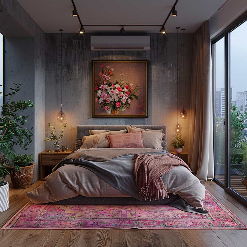 grey and pink bedroom