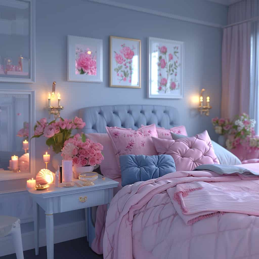 grey and pink bedroom