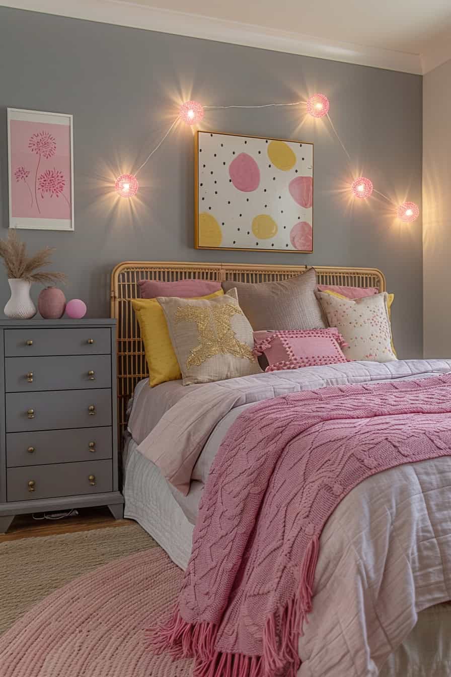 grey and pink bedroom