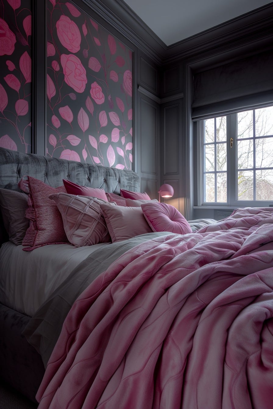 grey and pink bedroom