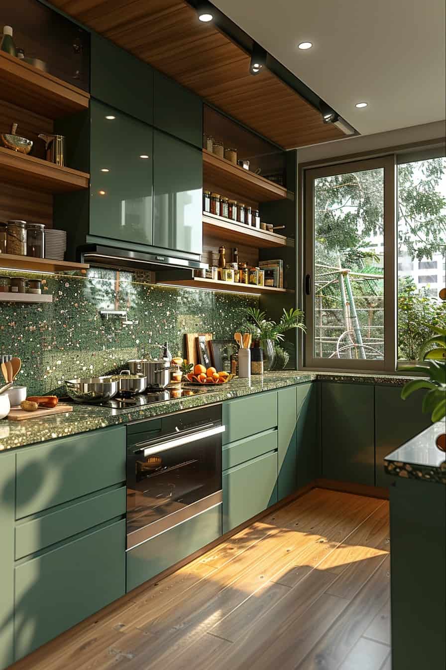 wood and green kitchen