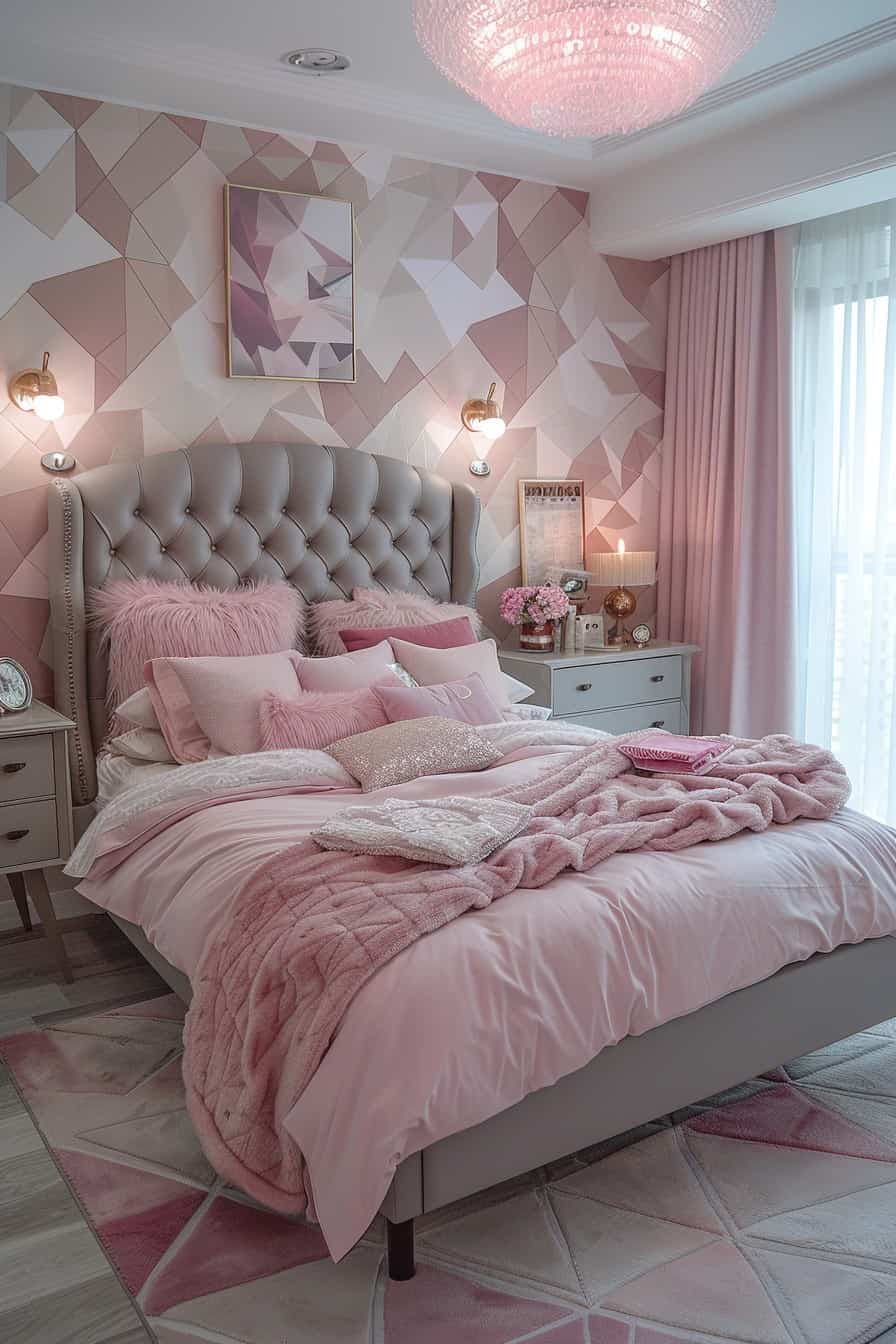 grey and pink bedroom