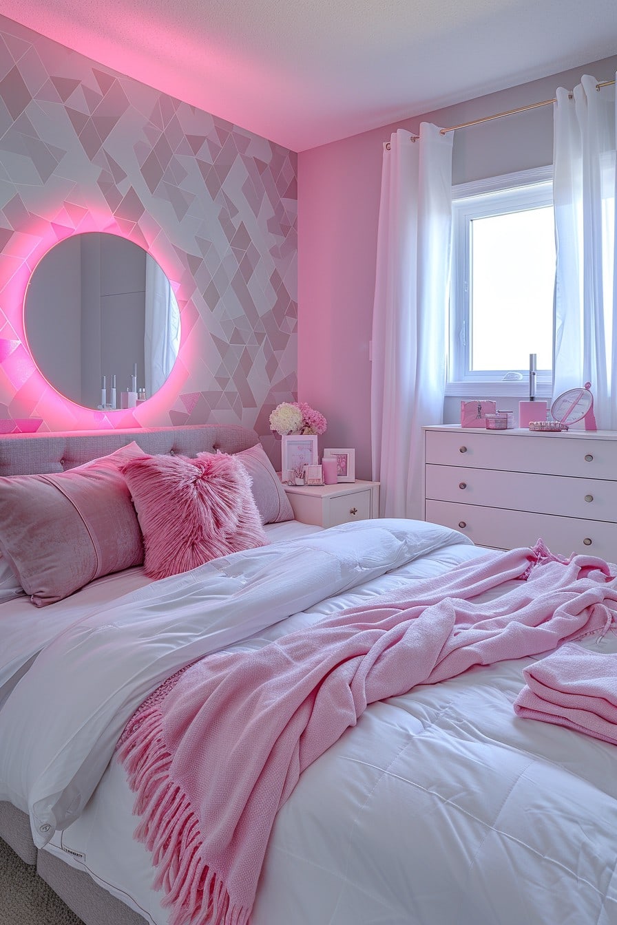 grey and pink bedroom