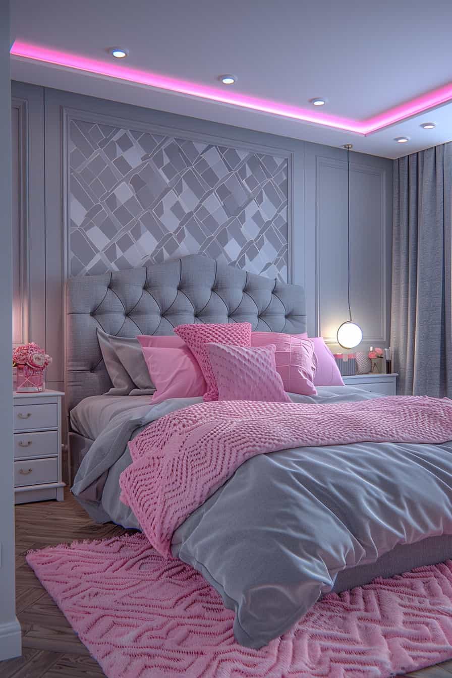 grey and pink bedroom
