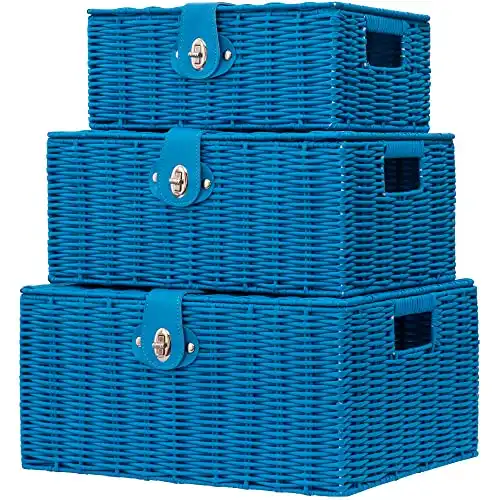 Woven Wicker Storage Basket Box with Lid & Lock