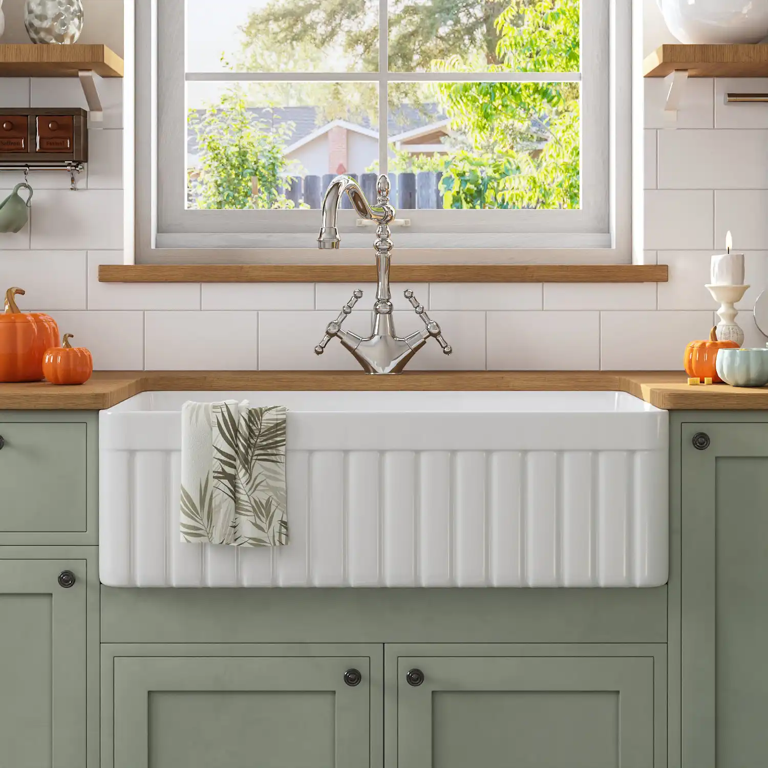 Fireclay Farmhouse Kitchen Sink with Sink Grid and Basket Strainer