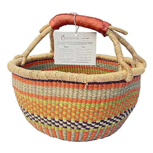 Colorful African Basket with Leather Handles