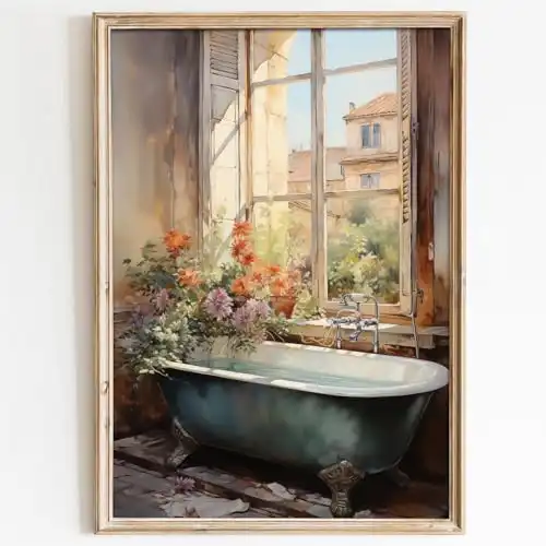 Bathtub with Flowers Wall Art Bathroom