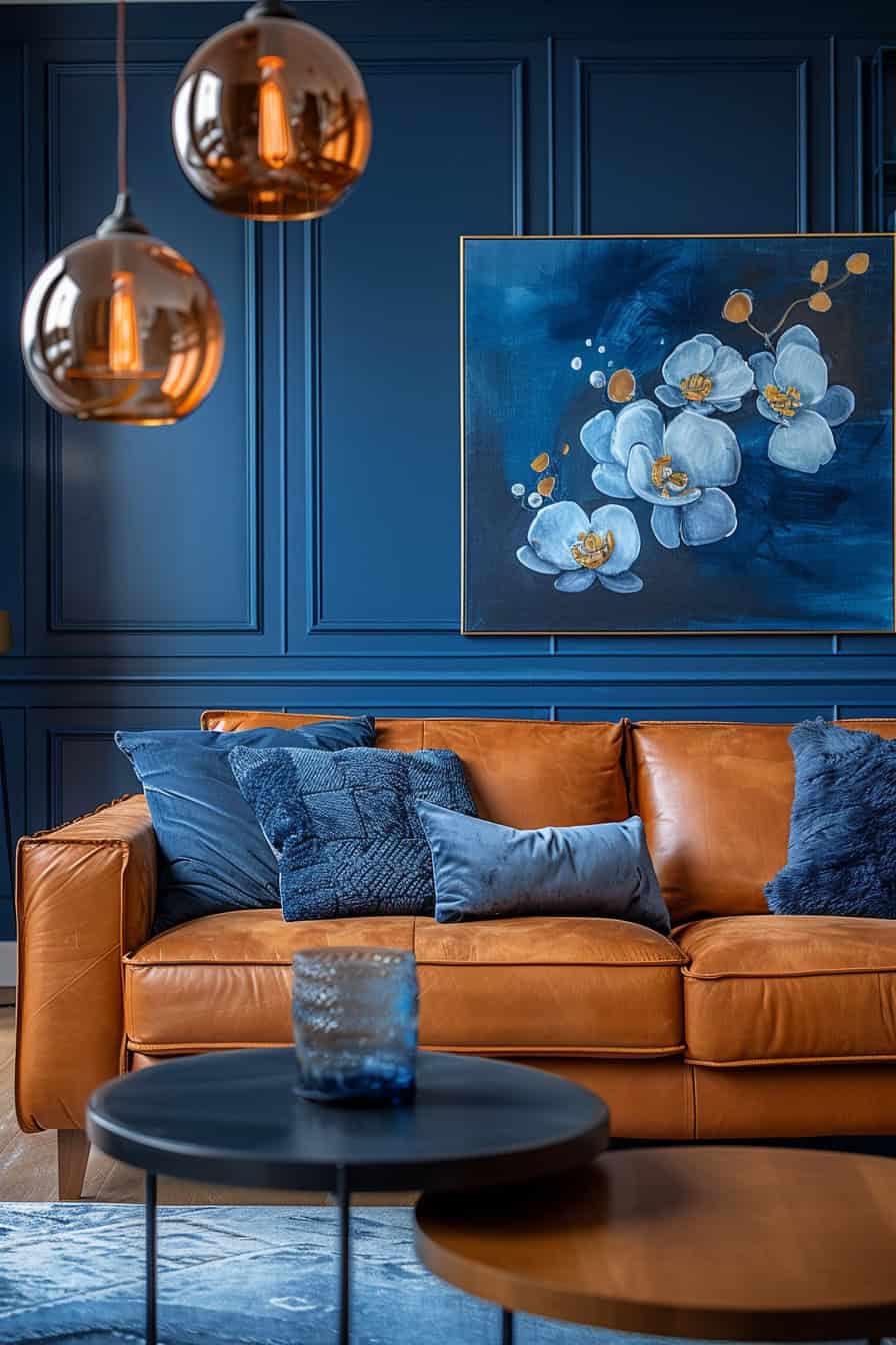 sala de estar azul e marrom