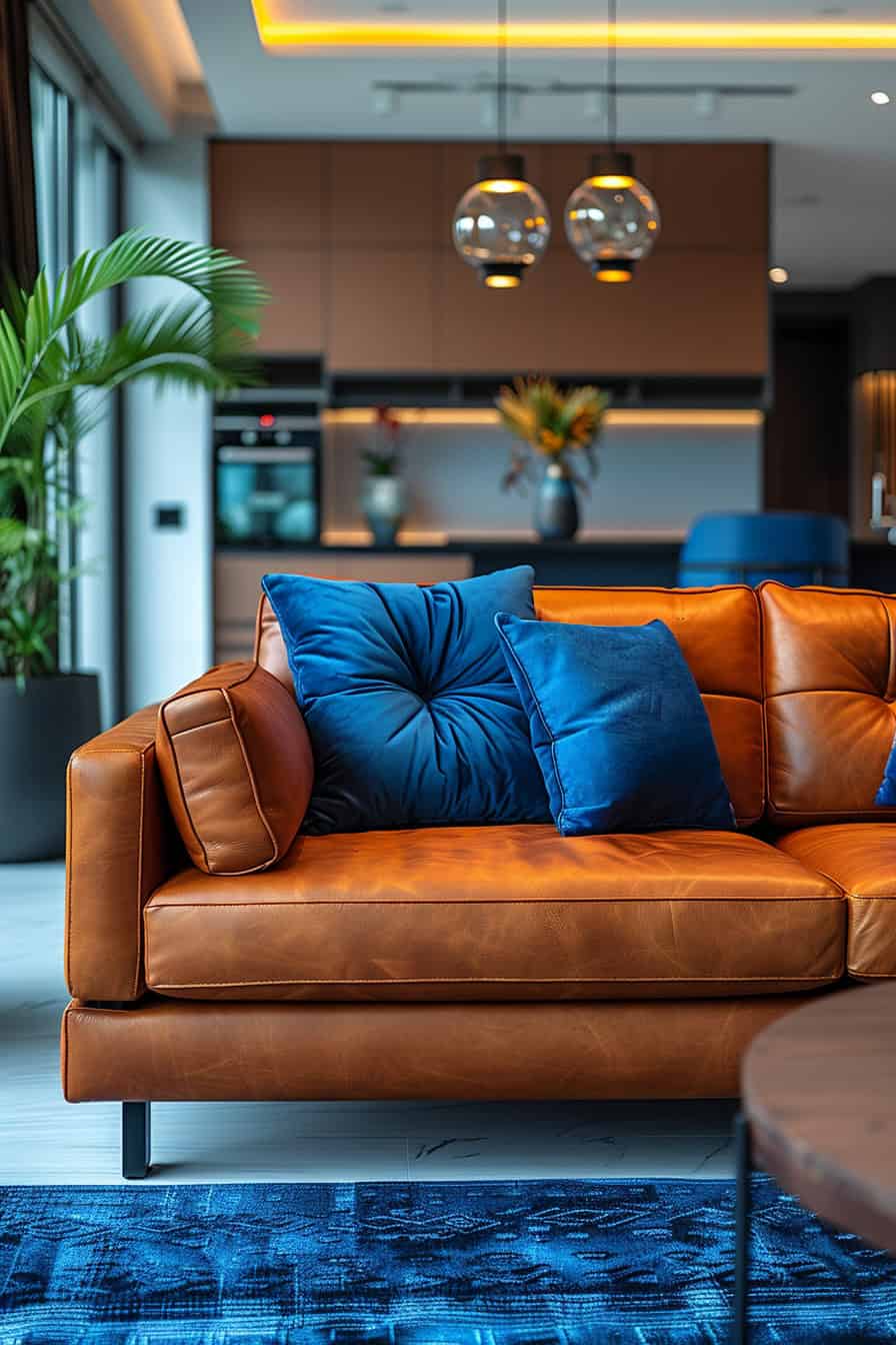 Sala de estar marrom e azul
