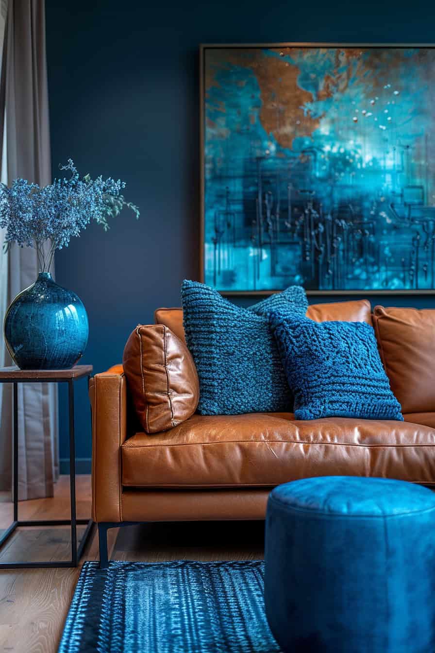 sala de estar azul e marrom