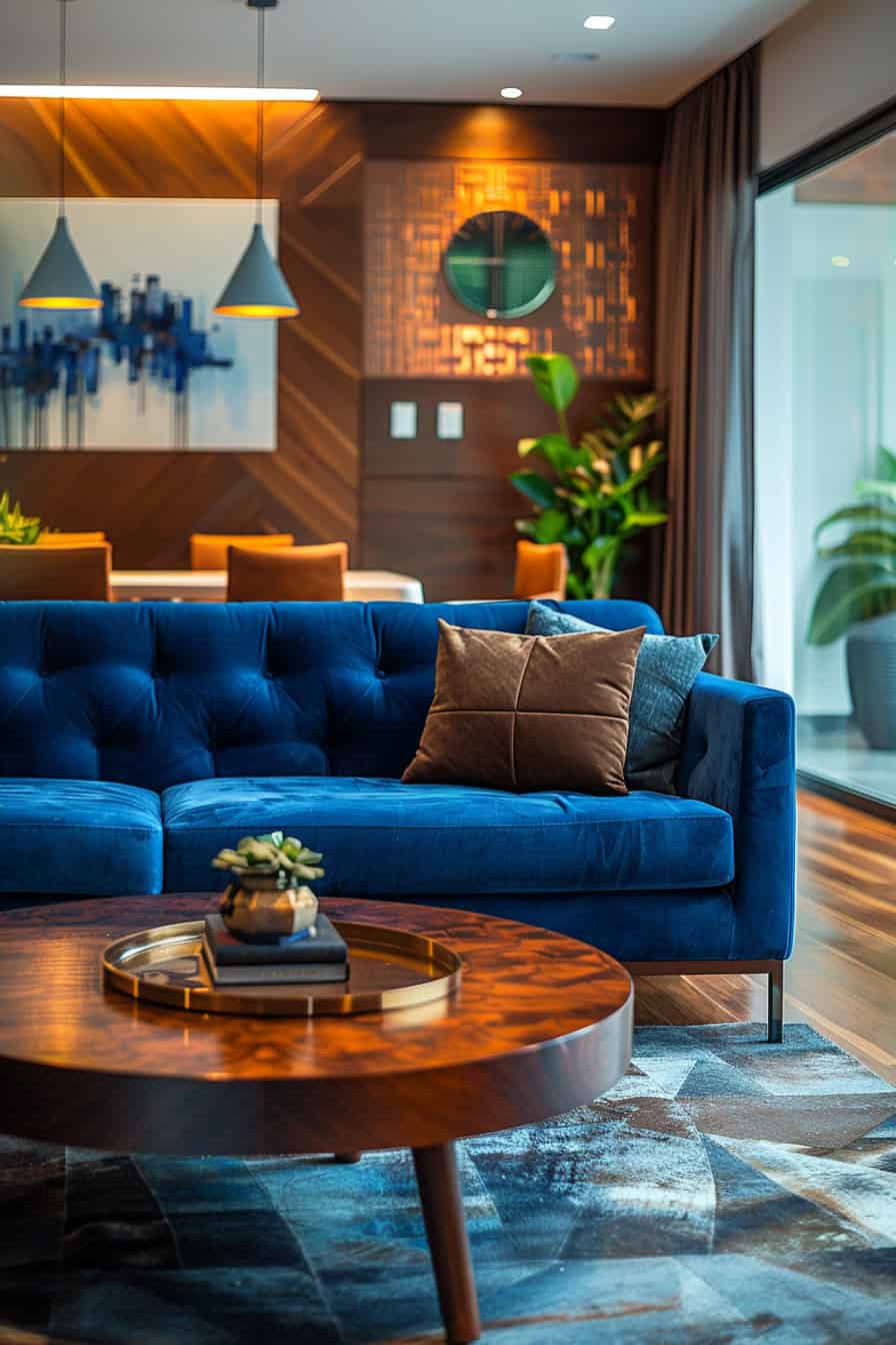 sala de estar azul e marrom