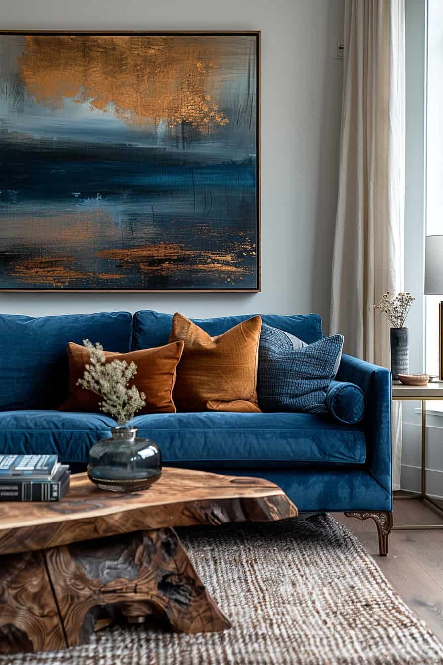sala de estar azul e marrom