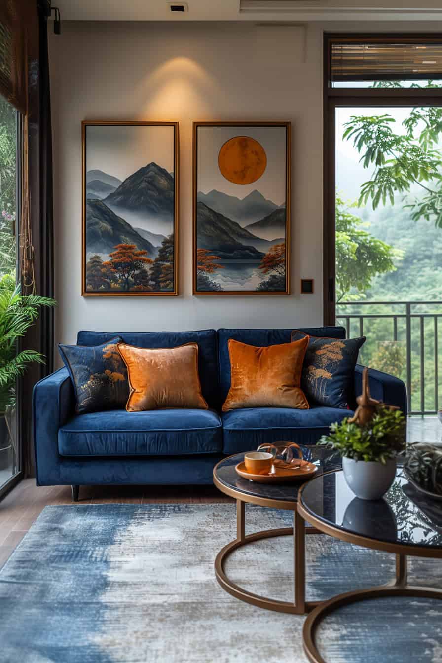 sala de estar azul e marrom