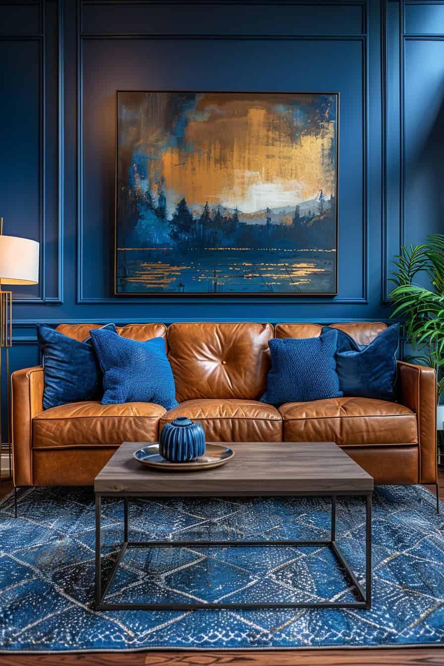 sala de estar azul e marrom