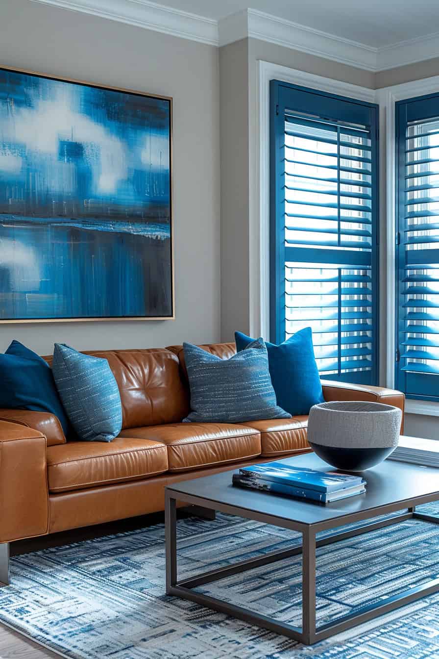 sala de estar azul e marrom