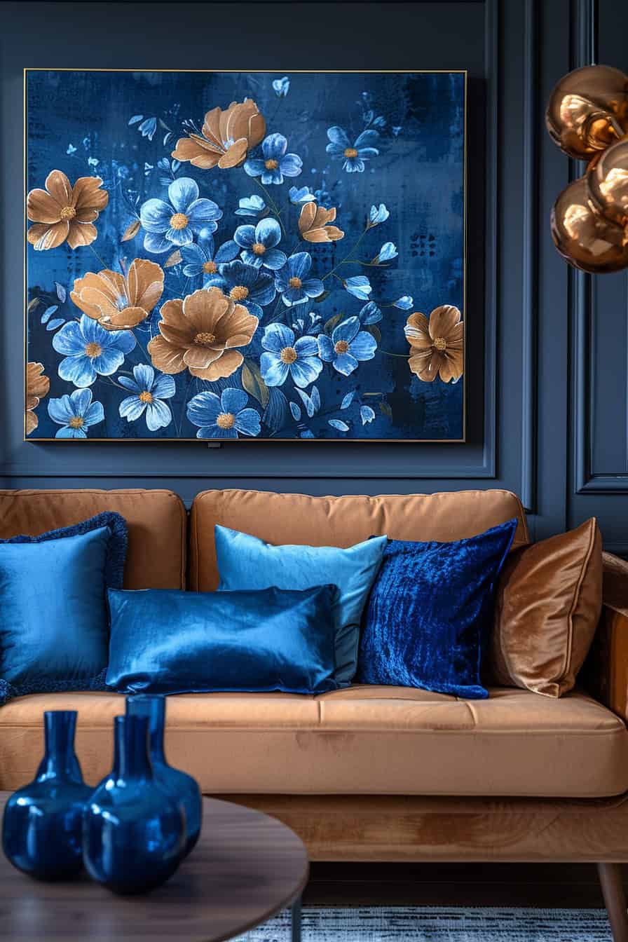 sala de estar azul e marrom