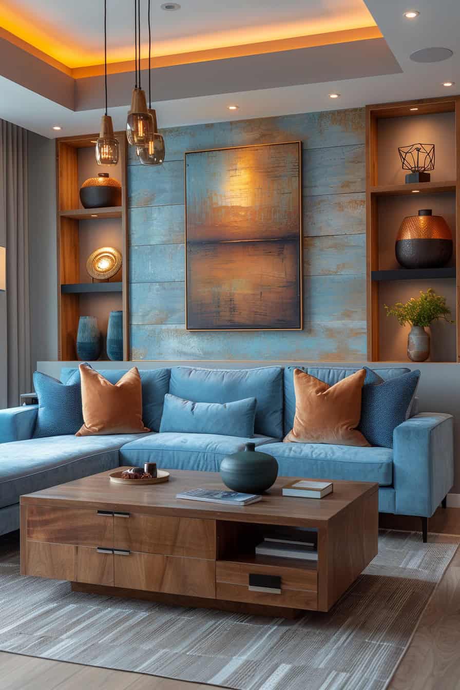 sala de estar azul e marrom