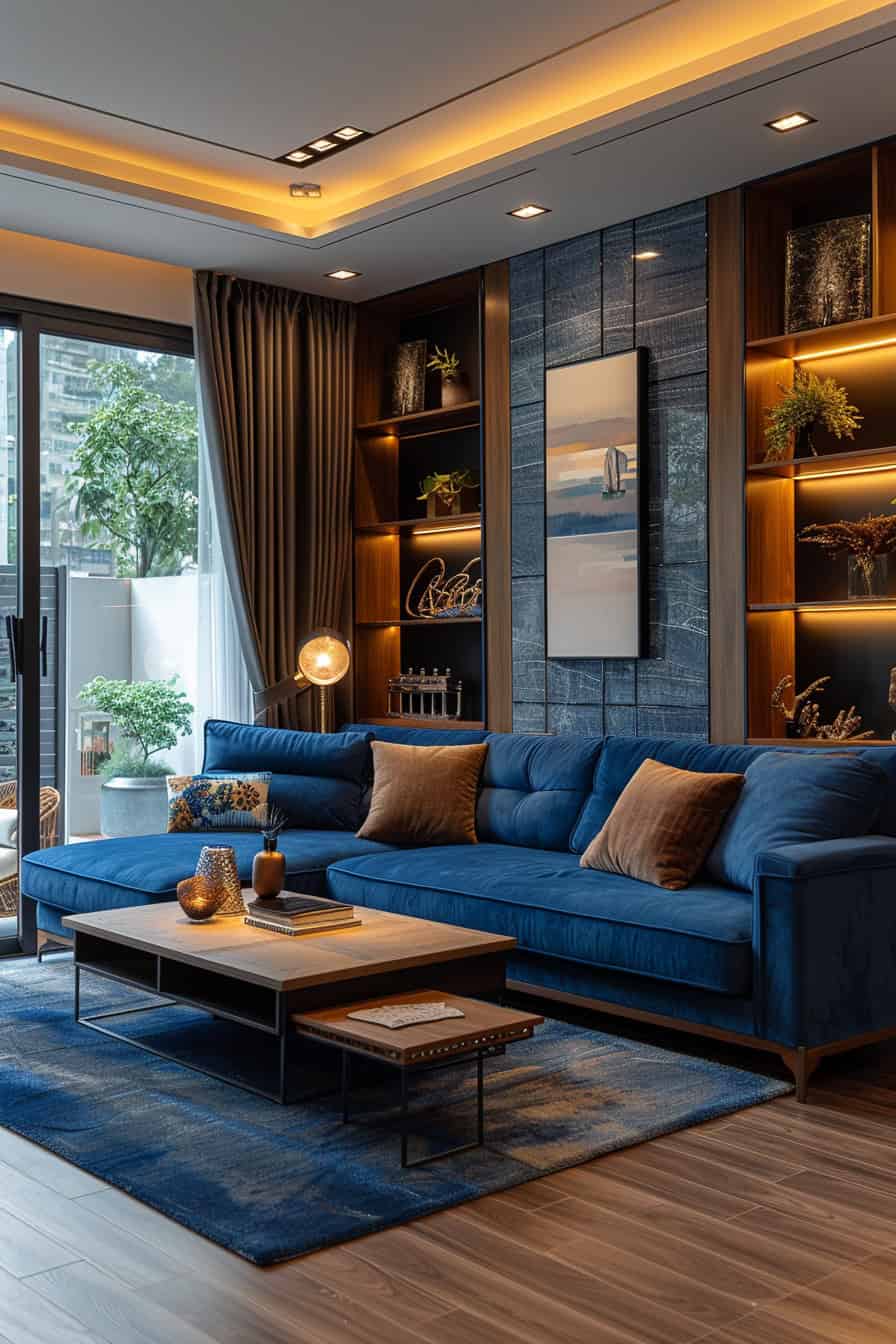 sala de estar azul e marrom