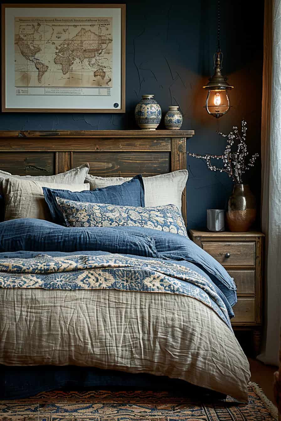 cream and blue bedroom