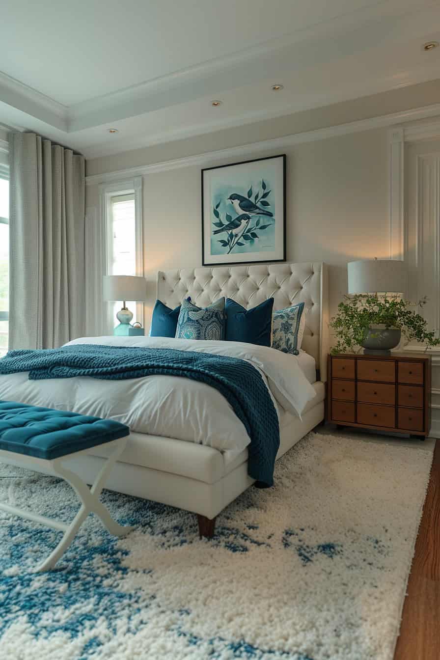 cream and blue bedroom