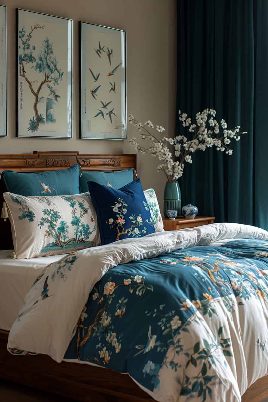 cream and blue bedroom