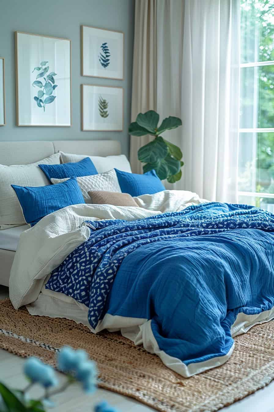 cream and blue bedroom