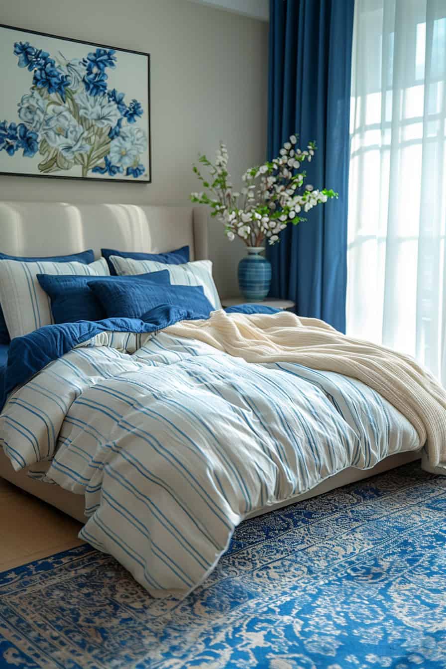 cream and blue bedroom