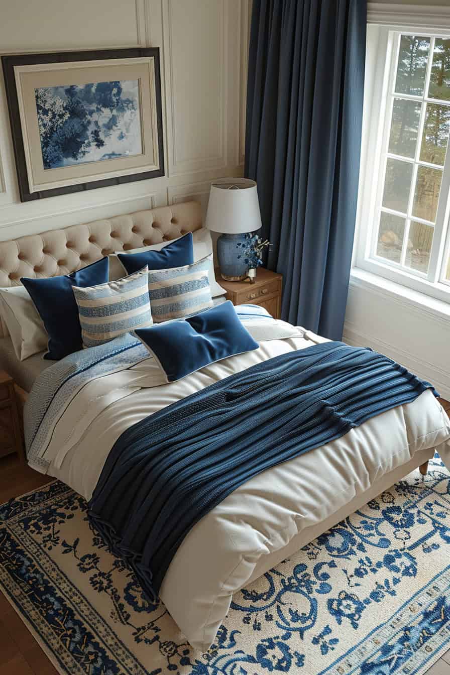 cream and blue bedroom