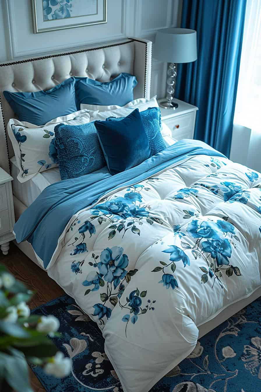 cream and blue bedroom