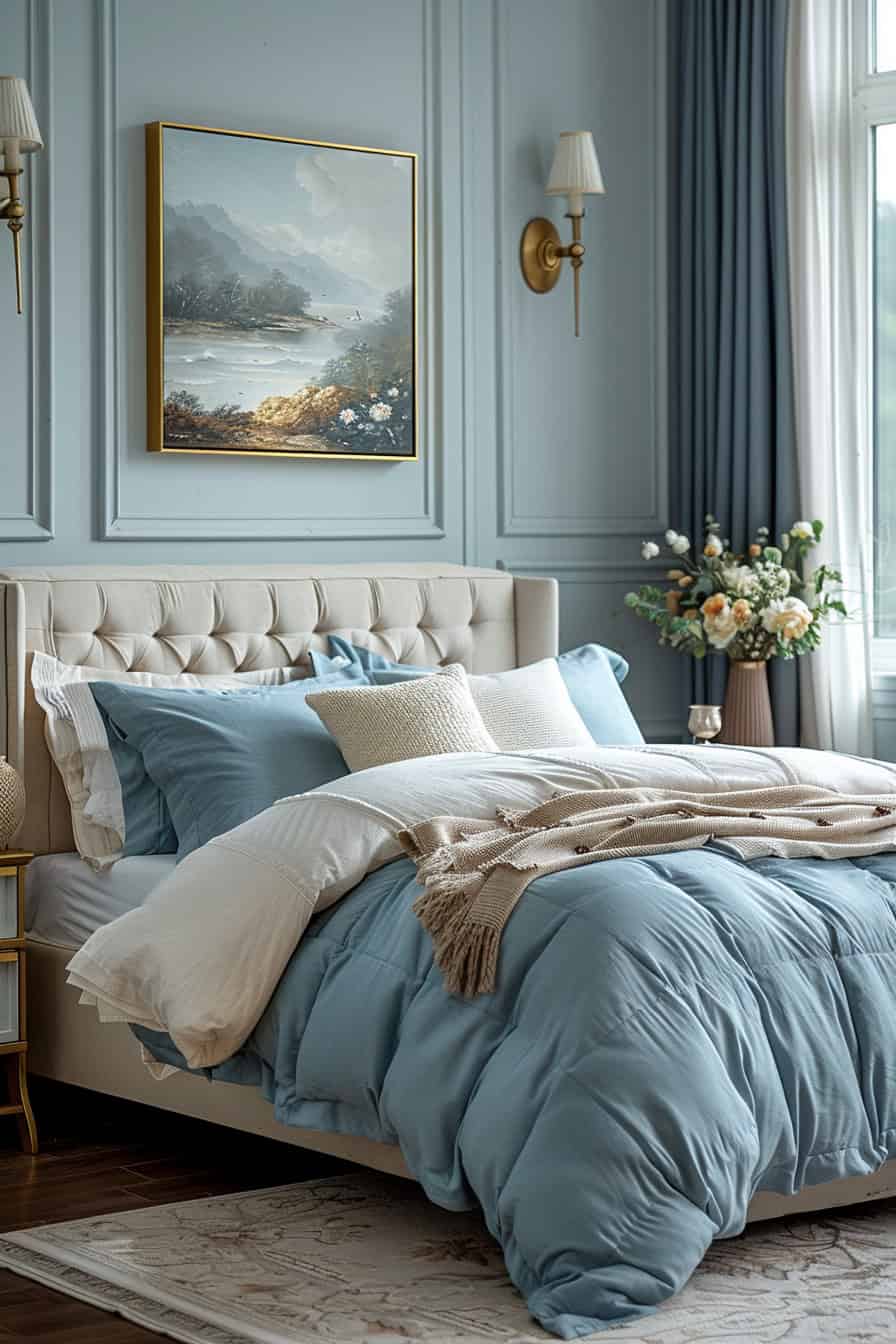 cream and blue bedroom