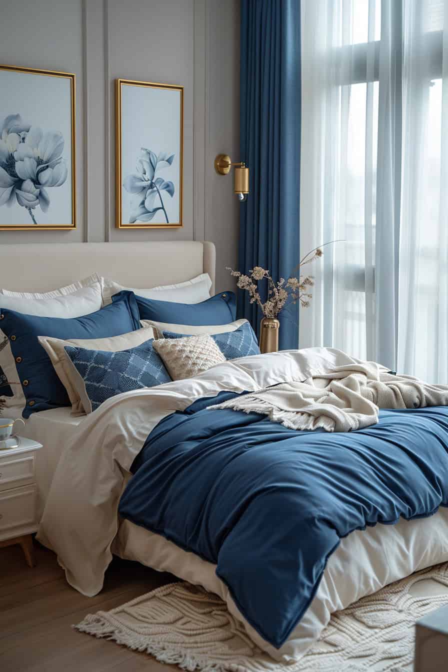 cream and blue bedroom