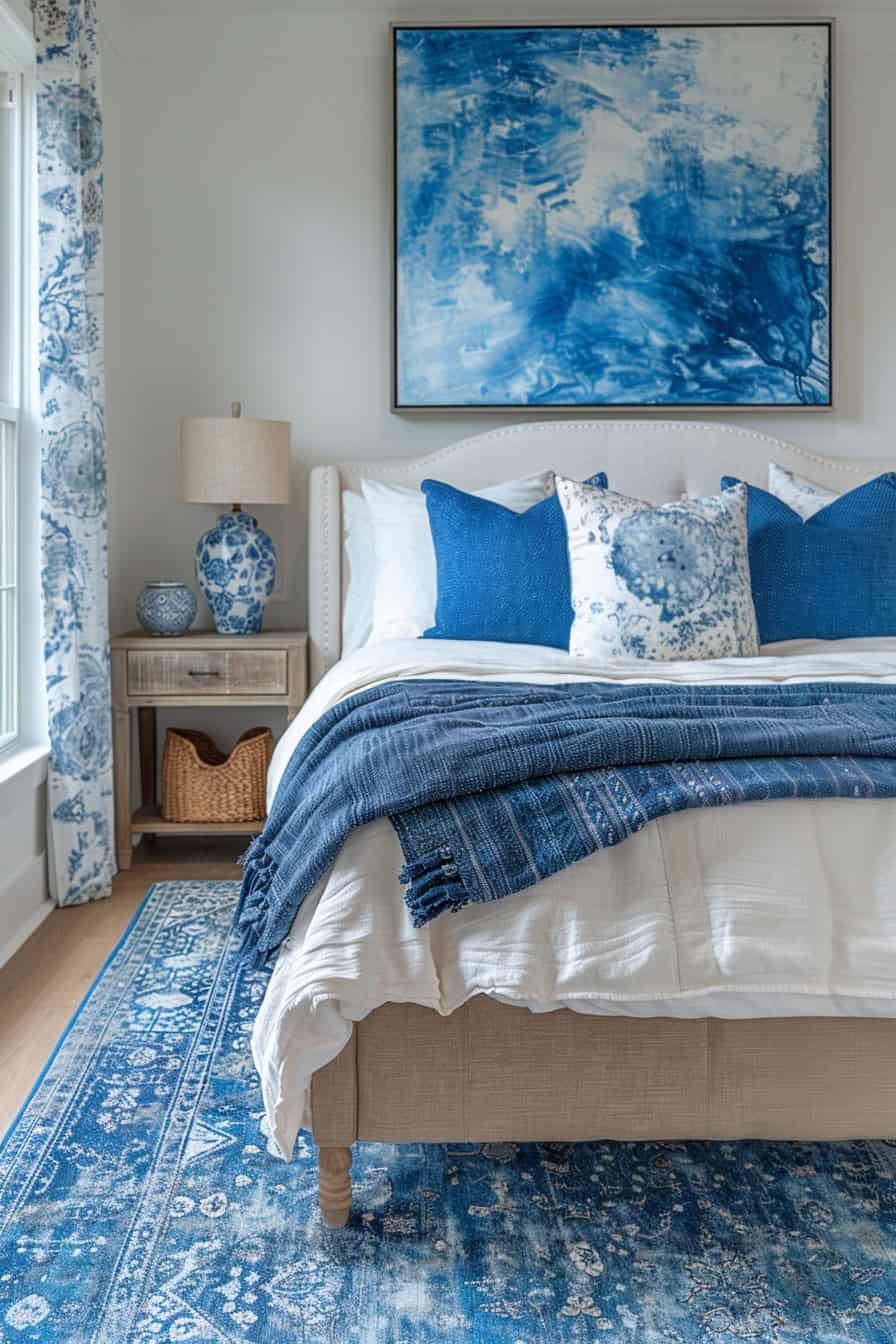 cream and blue bedroom