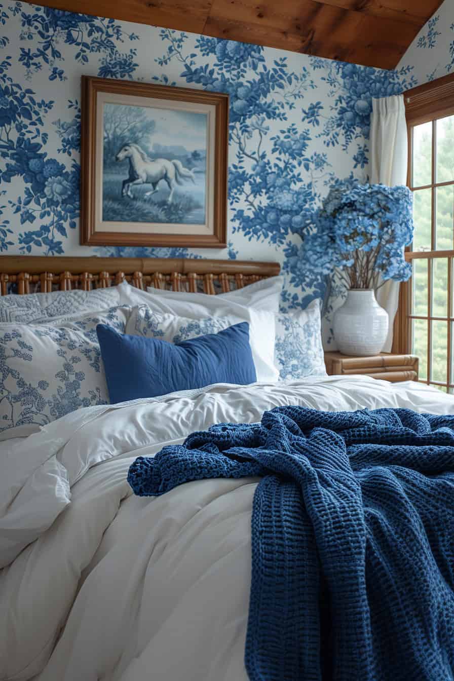 cream and blue bedroom