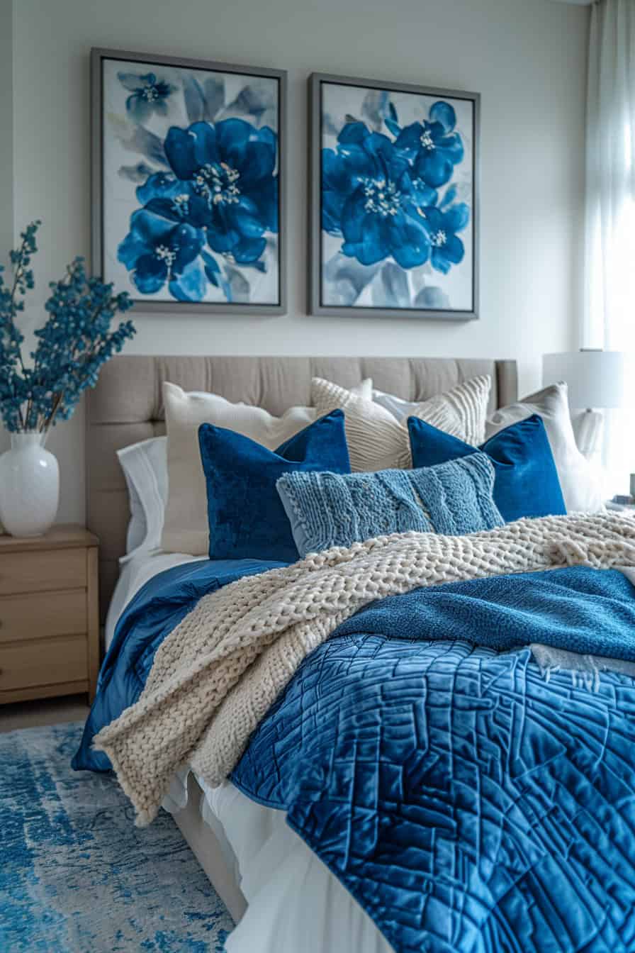 cream and blue bedroom
