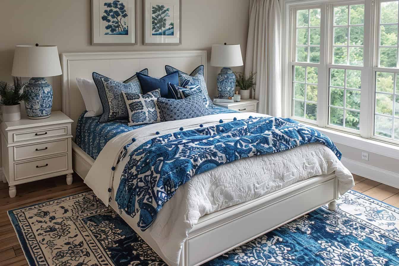 cream and blue bedroom