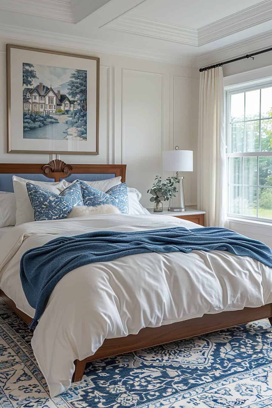 cream and blue bedroom