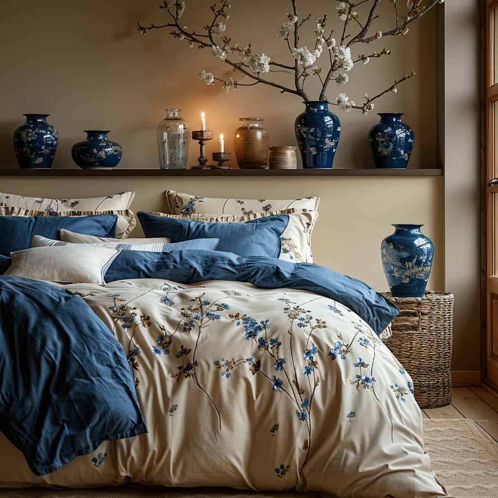 cream and blue bedroom