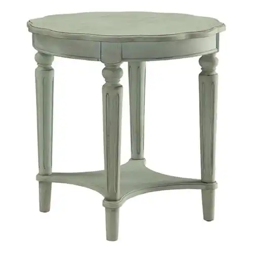 Acme Fordon Round Wooden End Table with Bottom Shelf in Antique Green